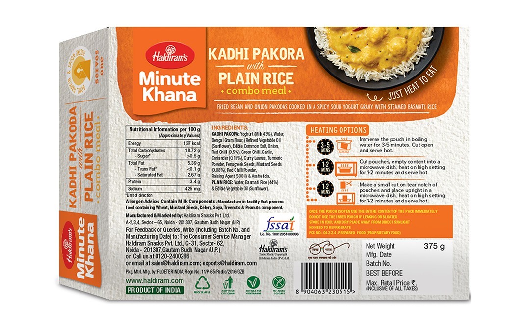Haldiram's Minute Khana Kadhi Pakoda With Plain Rice Combo Meal   Box  375 grams